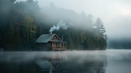 Fototapeta premium Secluded Log Cabin on a Misty Lake in the Early Morning