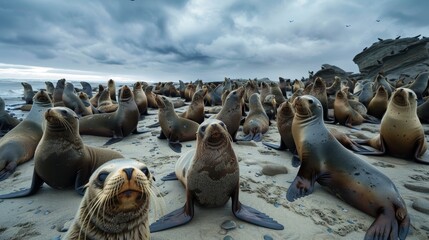 Fototapeta premium Sea Lions Resting on a Sandy Beach on a Cloudy Day