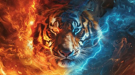 Artistic illustration of a tiger with half flame and half blue lightning in the form of a dragon.  © Digital Design