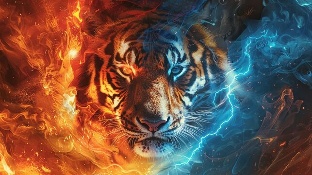 Artistic illustration of a tiger with half flame and half blue lightning in the form of a dragon. 
