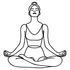 Continuous one line drawing. The meditating woman is sitting in the lotus position. The concept of yoga, peace of mind, esoteric practices. Minimalist vector illustration.