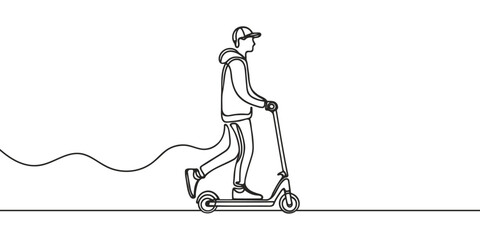 Continuous line drawing of a boy rides an electric scooter. Template for your design works. Vector illustration.