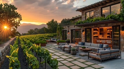 Joyful graduation party invitation showcasing an open area vineyard with outdoor seating with a writing space on the right side for congratulatory wishes and party details