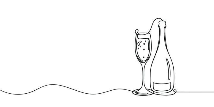 recommend clip art: Continuous one line drawing of champagne bottle and glasses. Concept of cheers, toast, holiday in line art style. Illustration on white background