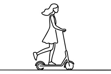 Girl on a one line electric scooter. Continuous line drawing scooter. Vector illustration