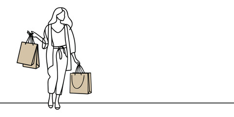 Continuous one line drawing of a woman holding paper bags after shopping