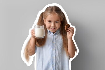 Cute little girl with glass of tasty milk and cookie on grey background