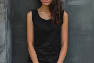Fototapeta premium Tank T-Shirt. Attractive Young Woman in Black Sleeveless Shirt on Plain Background