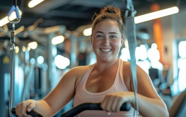 A young plus size woman is smiling and working out on a cable machine in a brightly lit gym