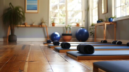 Bright meditation studio with large windows, cushions, and plants.