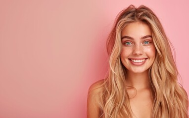 Naklejka premium A young woman with long blonde hair smiles brightly at the camera. She is standing in front of a plain pink background