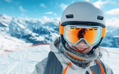 A close-up of a young woman snowboarder wearing a helmet and orange goggles, smiling at the camera. The snowy mountain landscape behind her is blurred