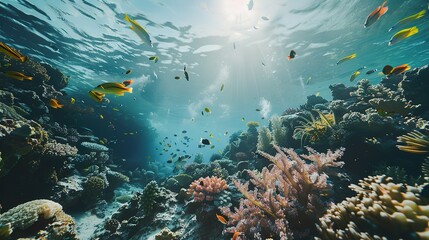 Fototapeta premium Underwater View of Colorful Fish Swimming Near Vibrant Coral Reef
