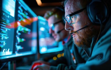 A software developer, wearing glasses and headphones, intently focuses on the code displayed on a computer screen