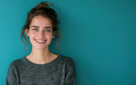 A young woman with brown hair tied up in a bun smiles at the camera while standing in front of a teal wall
