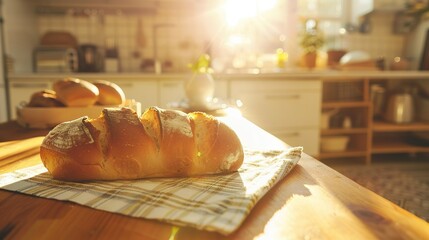 Freshly Baked Loaf of Bread on a Kitchen Counter in Sunlight