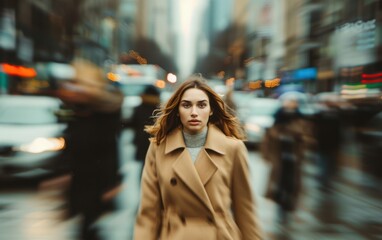 Fototapeta premium A stylish woman in a beige coat walks through a busy city street, the background blurred with movement
