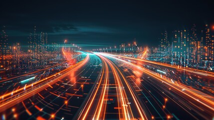 Fototapeta premium Futuristic Cityscape: A Digital Highway Illuminated by Speed and Technology