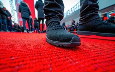 Fototapeta premium A celebrity's foot steps on a red carpet, a common sight at many public events