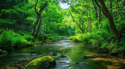 Obraz premium Lush Green Forest Stream With Moss Covered Rocks on a Sunny Day
