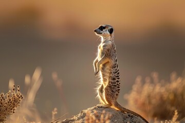 A meerkat standing on its hind legs, surveying the surroundings with a watchful eye.