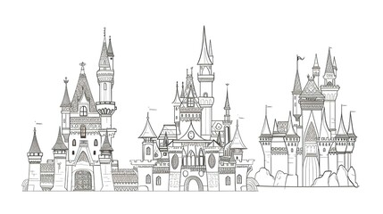Fototapeta premium Three Detailed Line Drawings of Elaborate Castles