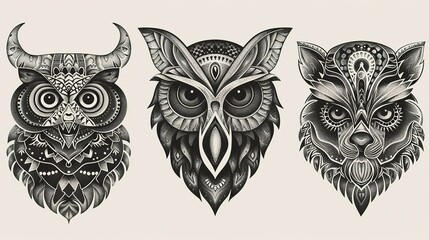 Black And White Geometric Owl And Wolf Tattoo Designs