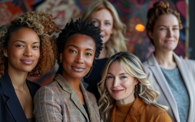 Fototapeta premium Four women stand together, smiling, for a Women's Equality Day photoshoot