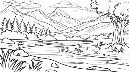 Fototapeta premium Black And White Mountain River Landscape Drawing