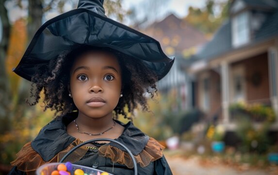 A young African American girl dressed as a witch looks intently at the camera while trick-or-treating on Halloween