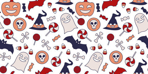 Funny Halloween Pattern. Seamless print for spooky holiday. Pumpkin with cheerful face, ghost and witch hat. Bat and cross of bones. Trick or treat. Coin with a skull. Sweets. Vector illustration