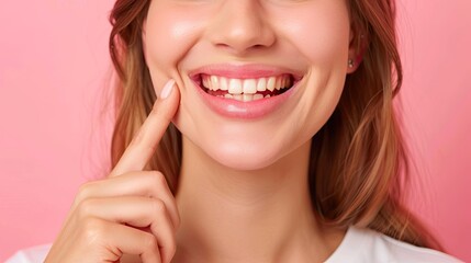 Fototapeta premium smiling young woman pointing to corner of her mouth, copy space. Dental care. Dentistry concept.