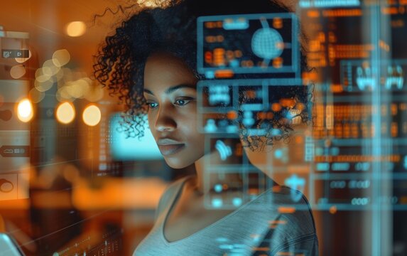 A young woman with curly hair sits in an office, focused on an interactive display of AI technology