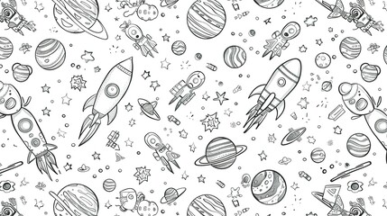 Hand-Drawn Black And White Space Illustration With Rockets, Planets, And Stars