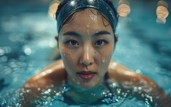 A young Asian woman wearing a swim cap is swimming in a pool. Water droplets are on her face and the surface of the pool