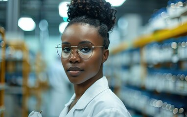 A young black woman wearing glasses and a white lab coat stands in a pharmacy, looking directly at the camera