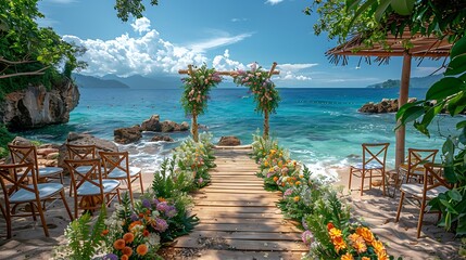 Picturesque wedding invitation set in an open area island with ocean views with a writing space on the left side for wedding wishes and ceremony details