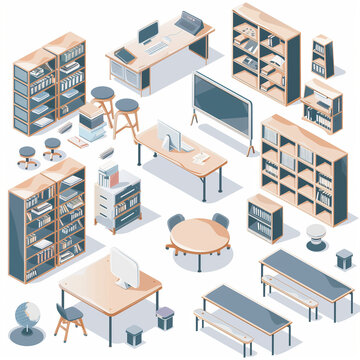 axonometric view of school furniture in linear black nd white style, no shadows, scandinavian style, against a white background.teachers desk with computer and books, desks, chairs. 