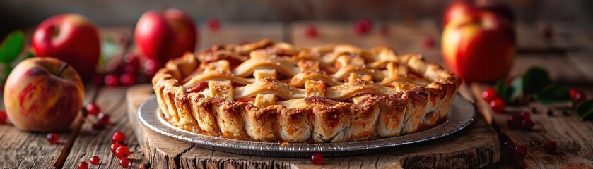 A freshly baked apple pie with a golden crust on a rustic wooden table.