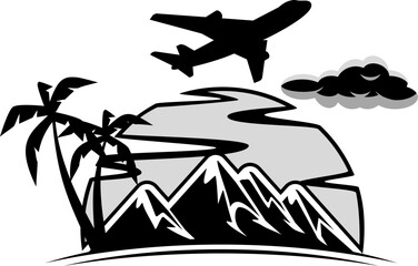 vector image of a mountain with two trees and a plane above it