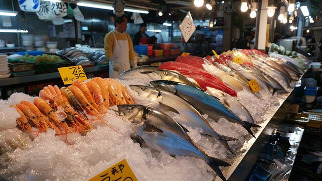 氷の上に並ぶ日本の魚市場の新鮮な魚介類