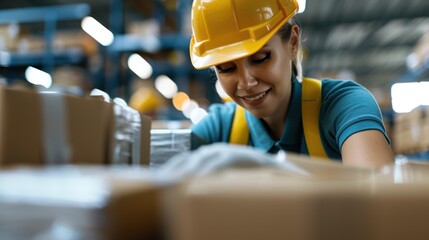 A diligent warehouse worker smiles while organizing boxes, embodying professionalism and dedication within a busy industrial setting, with a sense of fulfillment.