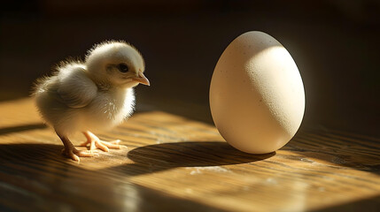 A fluffy chick stands facing an egg on a wooden surface, illuminated by warm light, symbolizing new beginnings.