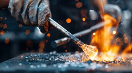 A glassblower in the process of creating a molten glass object, using tools and surrounded by sparks, depicting the art and intensity involved in glassblowing at its finest.