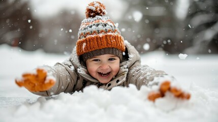 Fototapeta premium A delighted child with a knitted hat and warm jacket plays in the snow, embodying the joy and excitement of winter, surrounded by a snowy landscape and winter fun.