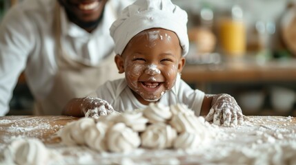 A happy baby wearing a chef&rsquo;s hat laughs joyously in the kitchen, surrounded by dough and baking ingredients, capturing the essence of playful cooking moments and family bonding.