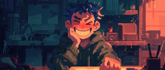 A retrostyle pixel art character portrait, exaggerated features, limited color palette, and a mischievous grin , cartoon style