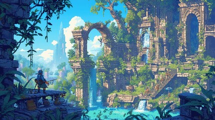 A vibrant pixel art landscape depicting a lush jungle, reminiscent of classic platformers, with hidden temples and waterfalls , super detailed