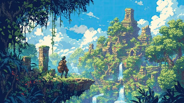 A vibrant pixel art landscape depicting a lush jungle, reminiscent of classic platformers, with hidden temples and waterfalls , super detailed