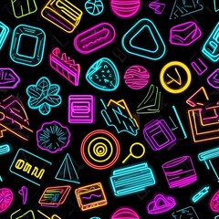 Neon Dreamscape: A vibrant and seamless pattern of glowing neon icons, reminiscent of the 80s and 90s, perfect for music, gaming, and retro-themed projects. 